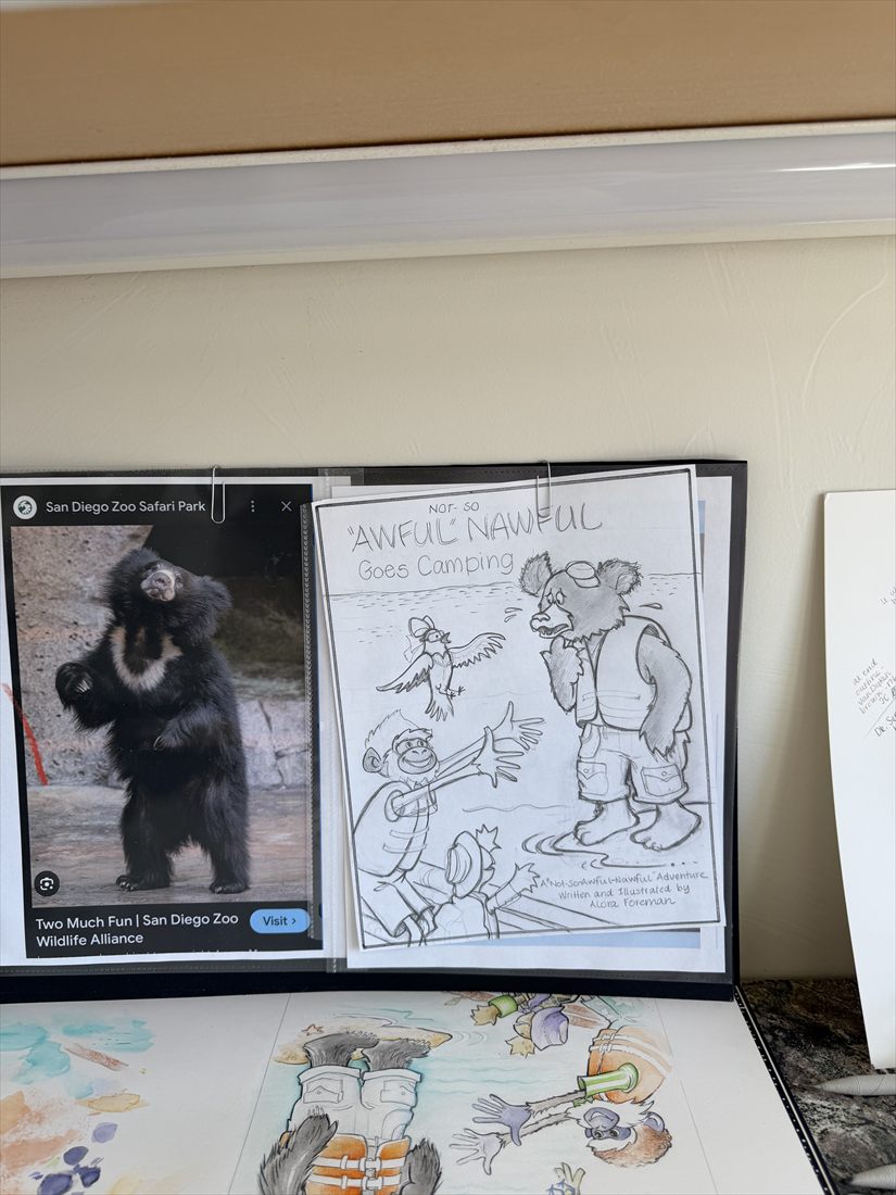 An early pencil sketch of the book cover beside a photo of a real sloth bear