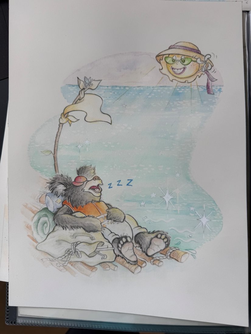 A finished watercolor page of Nawful fast asleep on the raft under a smiling sun