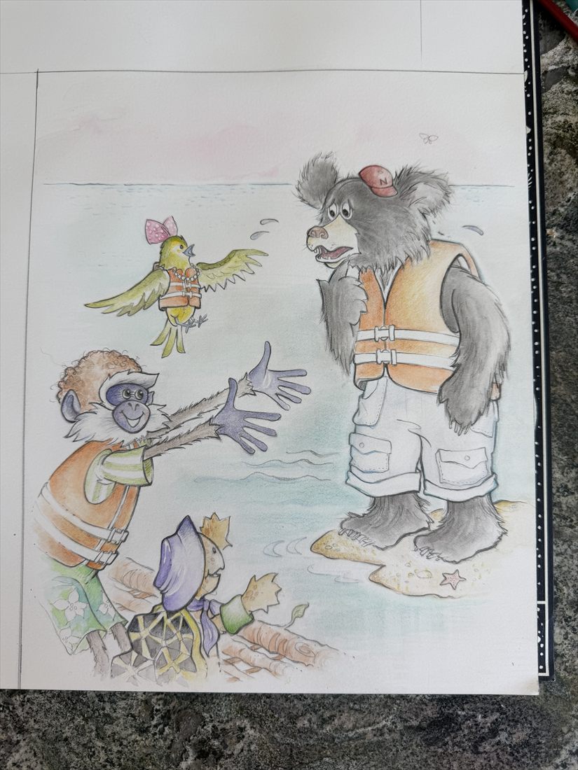 A nearly finished watercolor page of Nawful, Tate, Cooper and Blossom in life vests