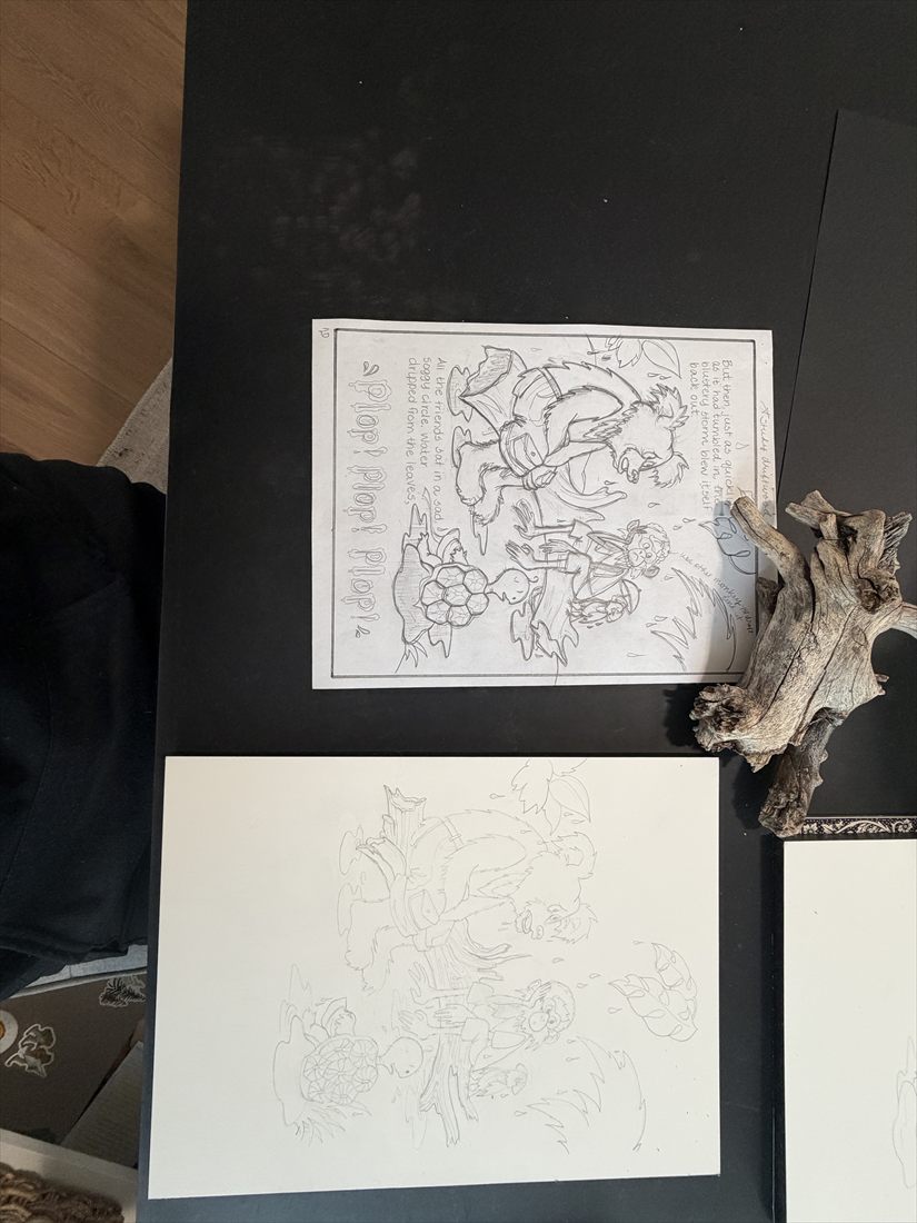 A finished pencil sketch of a page above the same drawing lightly traced onto watercolor paper, with a piece of driftwood beside them