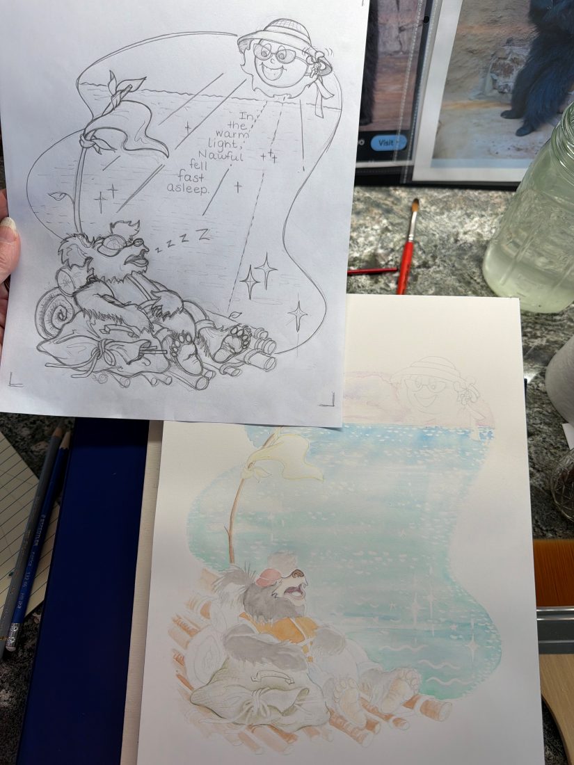 A pencil storyboard sketch of Nawful asleep on the raft, held above the same page being painted in watercolor